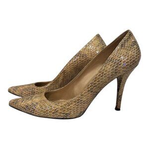 Stuart Weitzman Snake Print Pumps Nude Gold Leather Size 8 Pointed Toe Heels